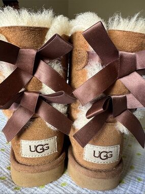 UGG Kids Chestnut Suede Boots with Brown Satin Bows